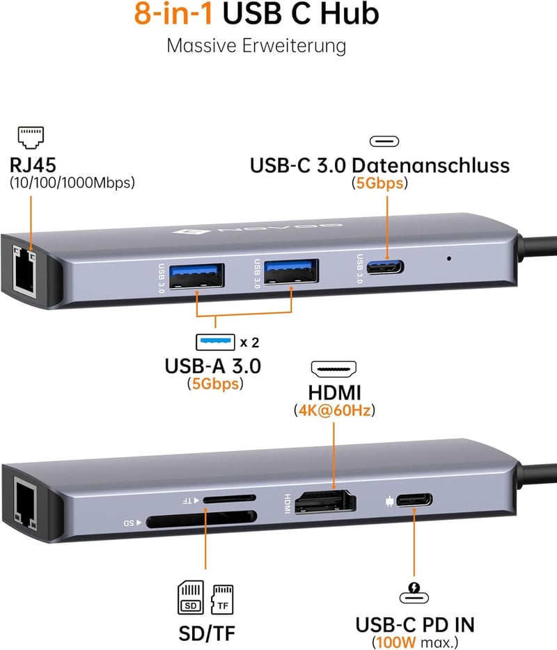 NOVOO USB-C Hub 8 az 1-ben 4K HDMI 100W PD Ethernet Docking Station MacBook