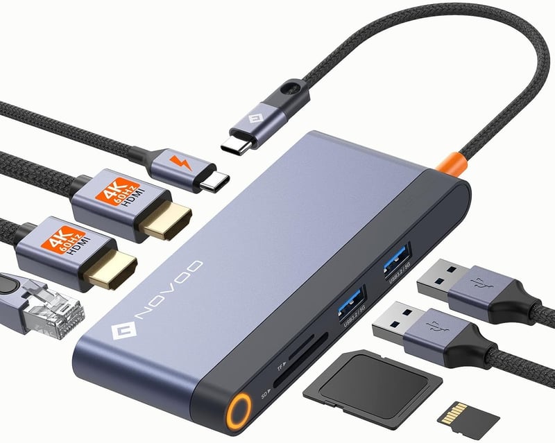 NOVOO USB-C Hub 8 az 1-ben Dual HDMI, Ethernet, 100W PD, kártyaolvasó