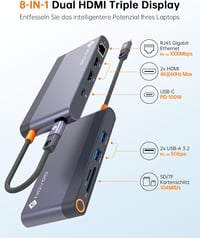 NOVOO USB-C Hub 8 az 1-ben Dual HDMI, Ethernet, 100W PD, kártyaolvasó 2