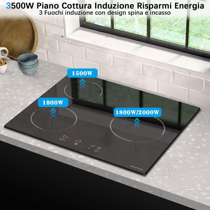 NOXTON 60 cm-es Indukciós Főzőlap 3 Égővel, 3500W, Érintésvezérlés és Időzítő