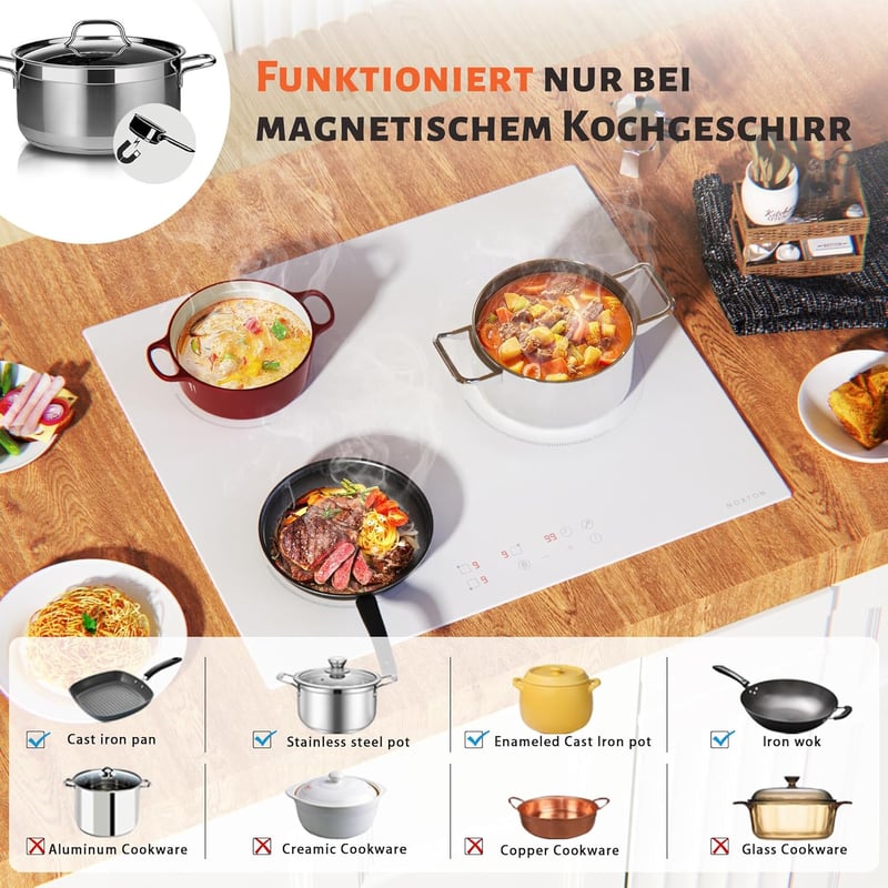 NOXTON 60 cm-es Indukciós Főzőlap Fehér Üveggel, Kék Vezérlőpanellel, Flex Zónák, 3 Égővel