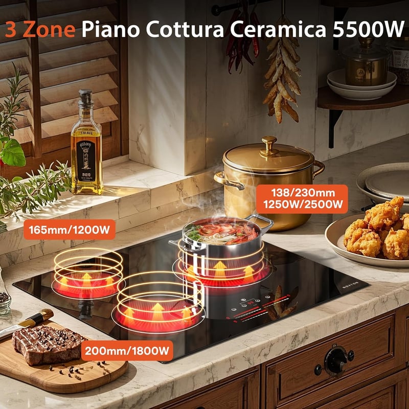 NOXTON 60 cm-es üvegkerámia főzőlap 3 zónás, 5500 W, gyermekzár, időzítő