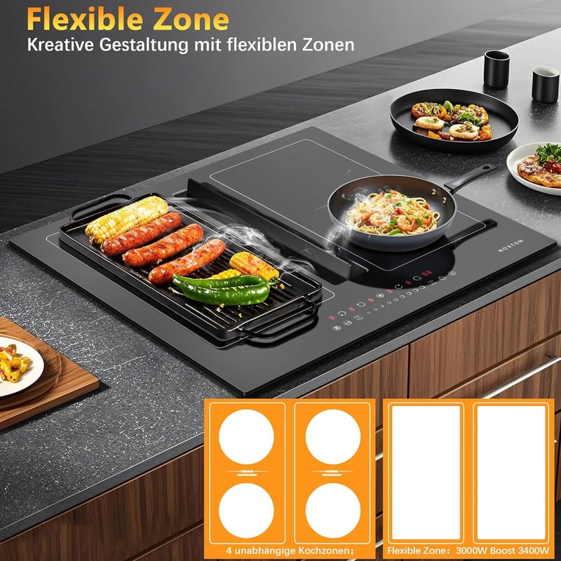 NOXTON 60 cm indukciós főzőlap flexzónás, 4 zónás 7200W + páraelszívó