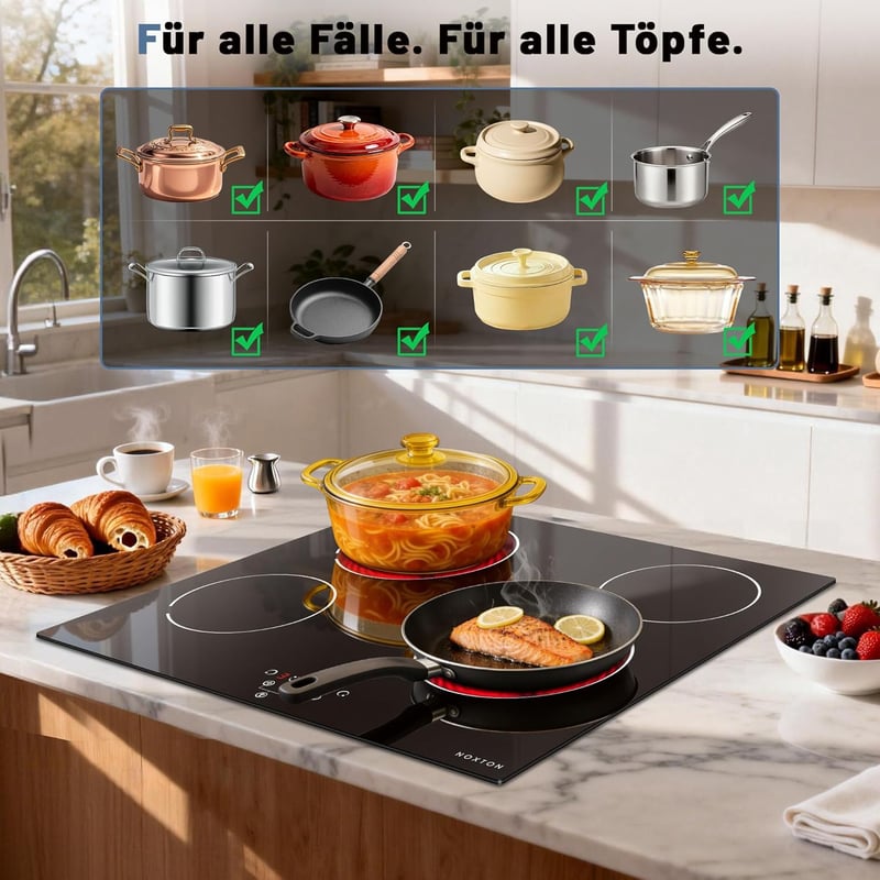 NOXTON beépíthető üvegkerámia főzőlap 4 égővel, 60 cm, 9 fokozat, érintésvezérlés