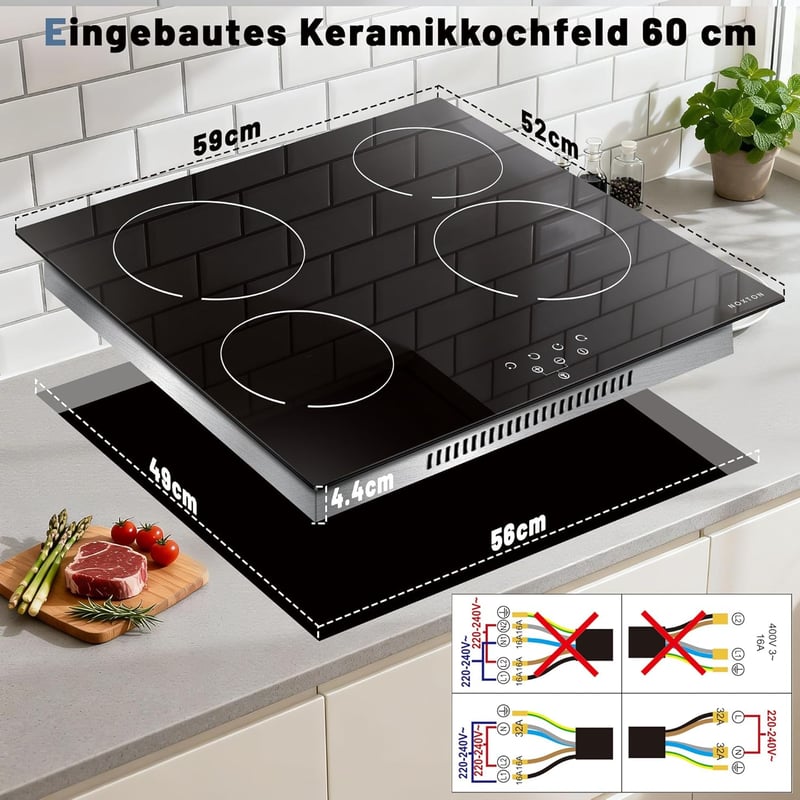NOXTON beépíthető üvegkerámia főzőlap 4 égővel, 60 cm, 9 fokozat, érintésvezérlés