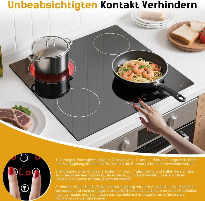 NOXTON üvegkerámia főzőlap 60 cm 4 égő beépíthető, érintő vezérlés 9 fokozat, időzítő és gyerekzár, 6000 W 220-240 V