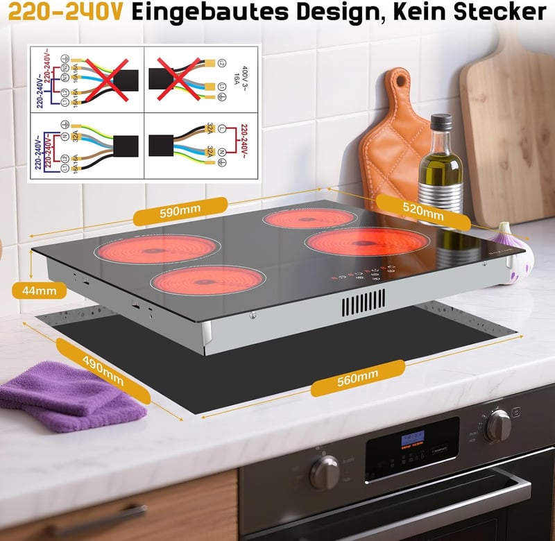 NOXTON üvegkerámia főzőlap 60 cm 4 égő beépíthető, érintő vezérlés 9 fokozat, időzítő és gyerekzár, 6000 W 220-240 V