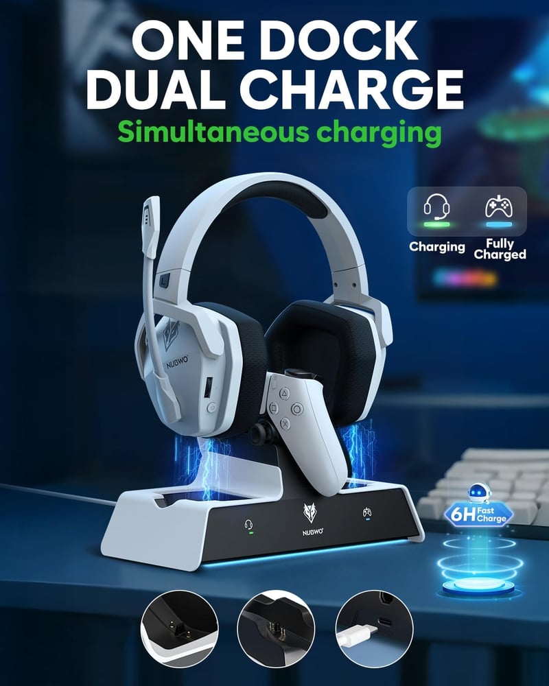 NUBWO G06 Pro Wireless Gaming Headset PS5 50mm, 120 órás akkumulátor, töltőállomás - white black