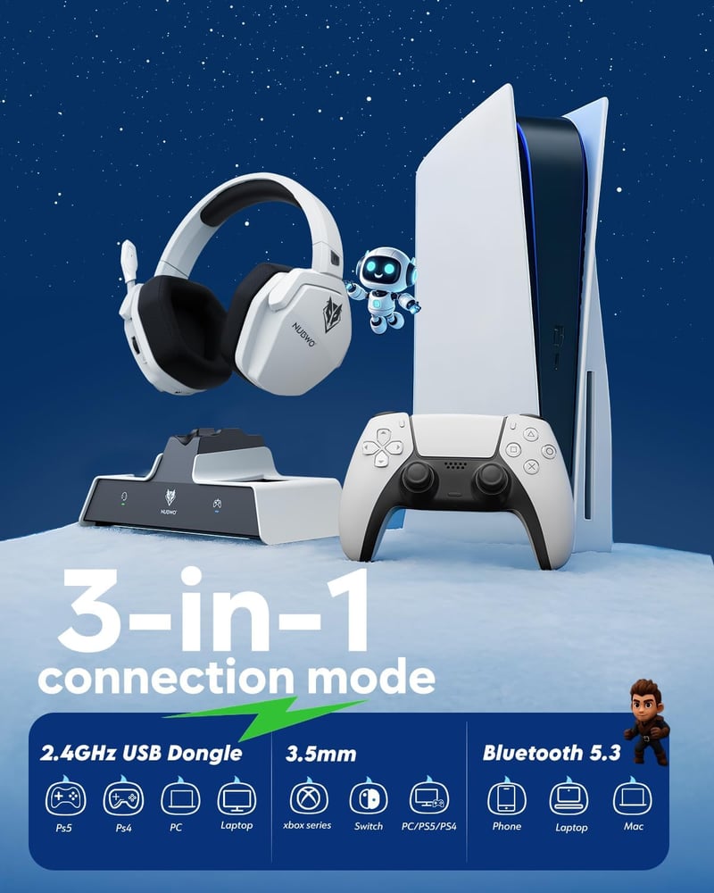 NUBWO G06 Pro Wireless Gaming Headset PS5 50mm, 120 órás akkumulátor, töltőállomás - white black