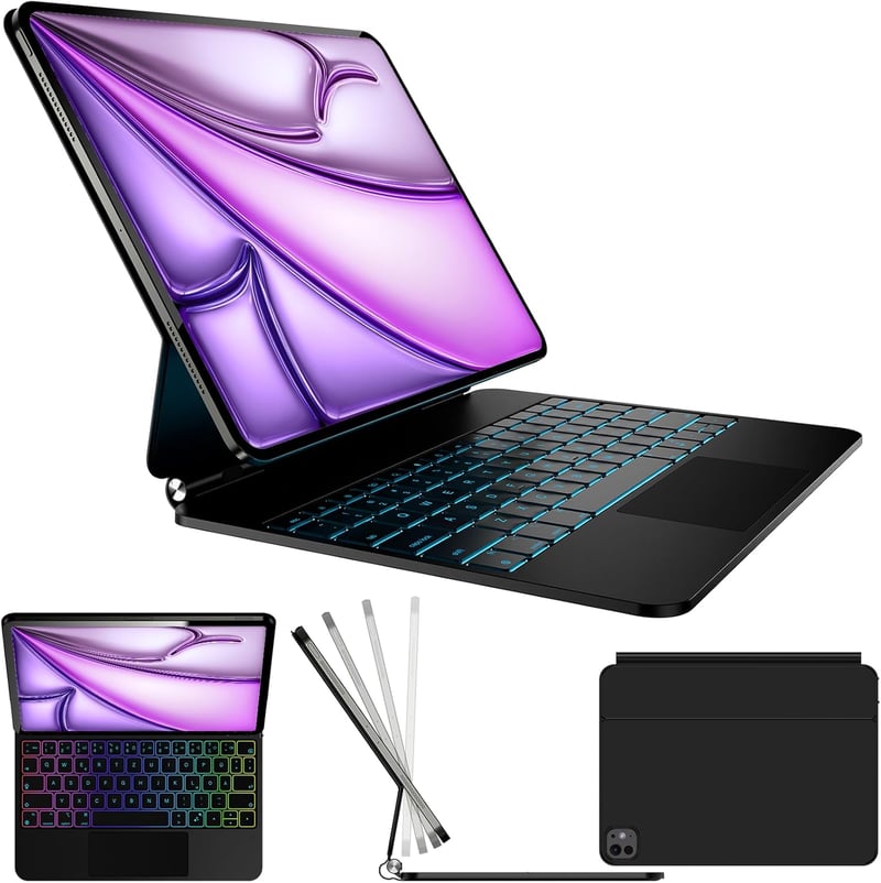 Nuflaz X9 Billentyűzetes Tok iPad Air 13" (2024/2025) & iPad Pro 12.9" (3-6. Gen) - QWERTZ Német Billentyűzet Érintőpaddal, 7 Színű Háttérvi - Black Grey