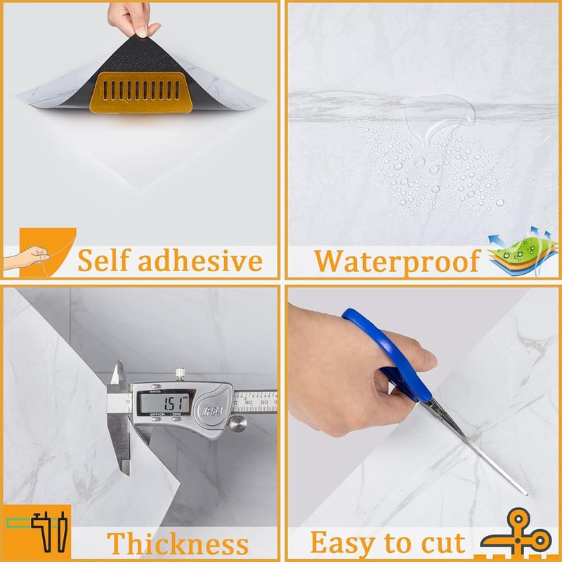 NUFLR Öntapadós PVC Padlóburkolat - Szürke-Kék Márvány Mintás Vinyl Padlólapok - Vízálló, Konyhába, Fürdőszobába - 30,5x30,5 cm, 20 db - 20pcs, White