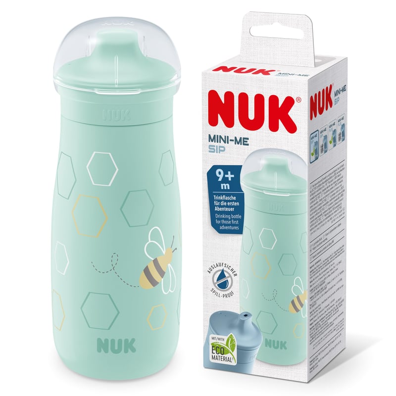 Detská fľaša na pitie NUK Mini-Me Sip pre batoľatá od 9 mesiacov, 300 ml, nepriepustná, nerozbitná, mätová/včielka