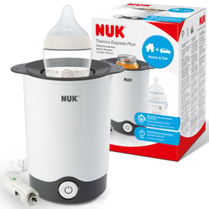 Încălzitor de biberoane NUK Thermo Express Plus, portabil, încălzire delicată a lichidelor și a mâncării pasate în 90 de secunde, oprire automată, coș detașabil, ștecăr UE și adaptor auto de 12 V