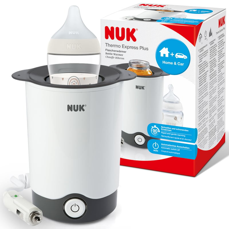 Ohrievač fliaš NUK Thermo Express Plus, prenosný, šetrný ohrev tekutín a detskej stravy za 90 sekúnd, automatické vypnutie, vyberateľný košík, zástrčka EÚ a 12 V adaptér do auta