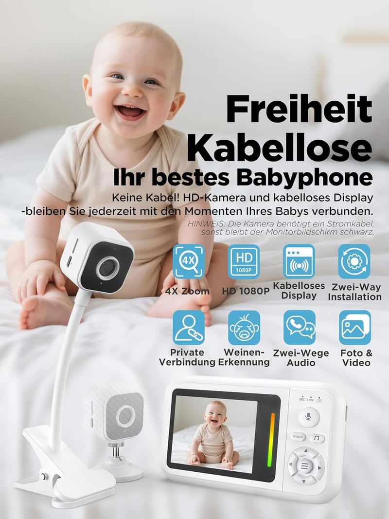 NUOTUN 1080P Babamonitor Kamerával, Éjjellátó, Kétirányú Hang, Sírásdetektálás