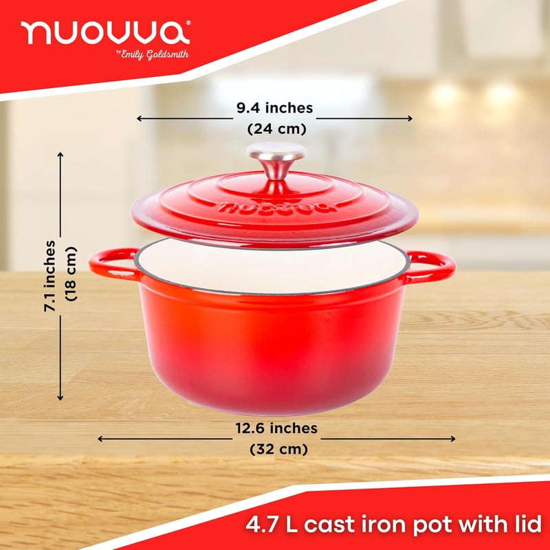 Nuovva Öntöttvas Lábos Fedővel - 4,7 Literes Zománcozott Holland Sütő - Tapadásmentes, 260°C-ig Hőálló - Tartós Konyhai Edény, Piros, 24 cm