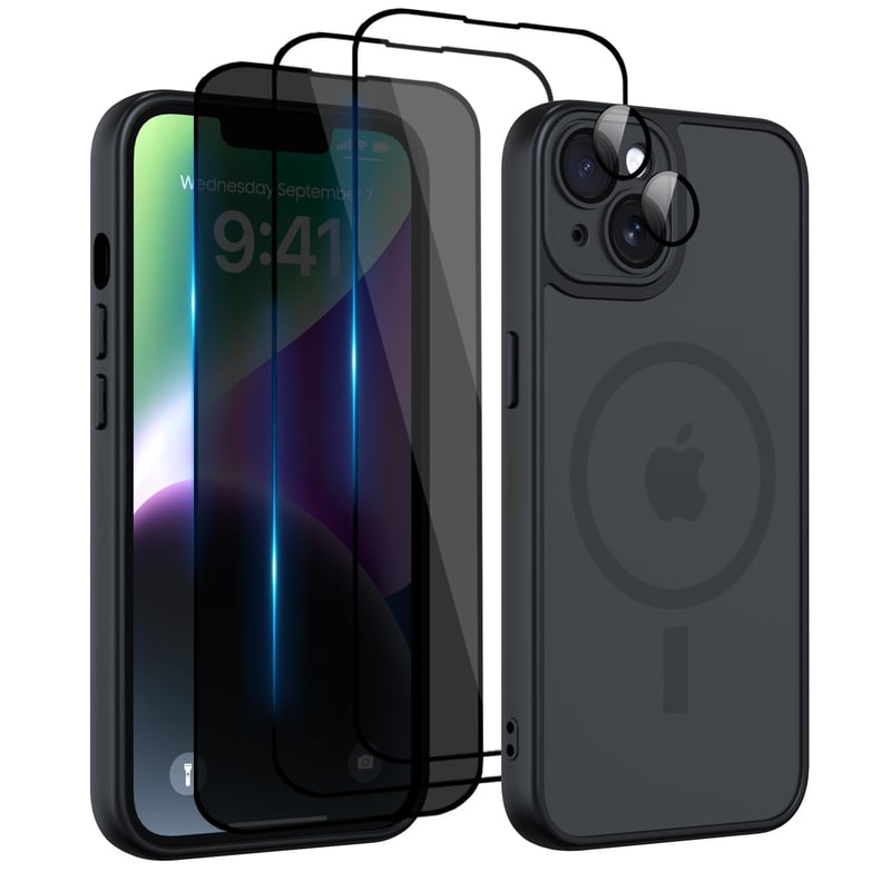 Husă Nupcknn pentru iPhone 13, 3 sticle securizate [HD+HD+Anti-Spy], magnetică cu MagSafe, spate mat transparent, carcasă de protecție subțire antisoc