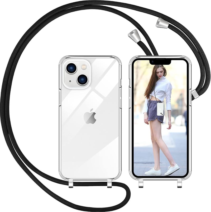 Husă Nupcknn din silicon transparent pentru iPhone 14 cu șnur reglabil 1,5 m - negru