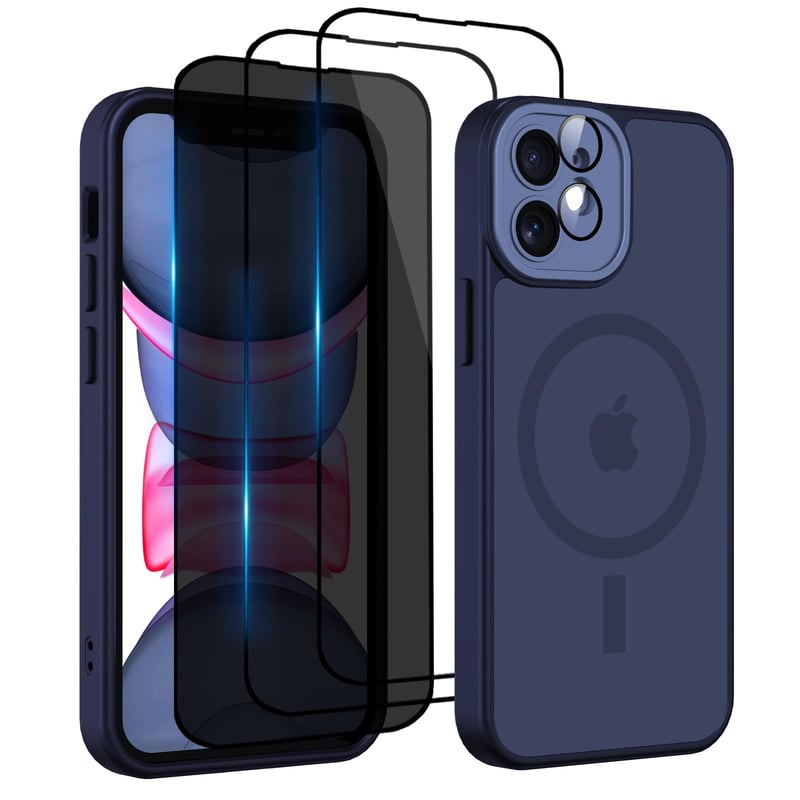 Nupcknn kryt na iPhone 16 s MagSafe, 3 tvrdené sklá, HD a protipohľadový filter, priehľadná matná zadná strana, nárazuvzdorný, odolný voči poškriabaniu, tmavomodrý