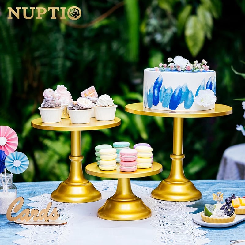 NUPTIO 3 Részes Kerek Fém Tortaállvány Szett - Arany Színű Sütemény és Desszert Tartó, Többfunkciós Kínáló, 20-30 cm
