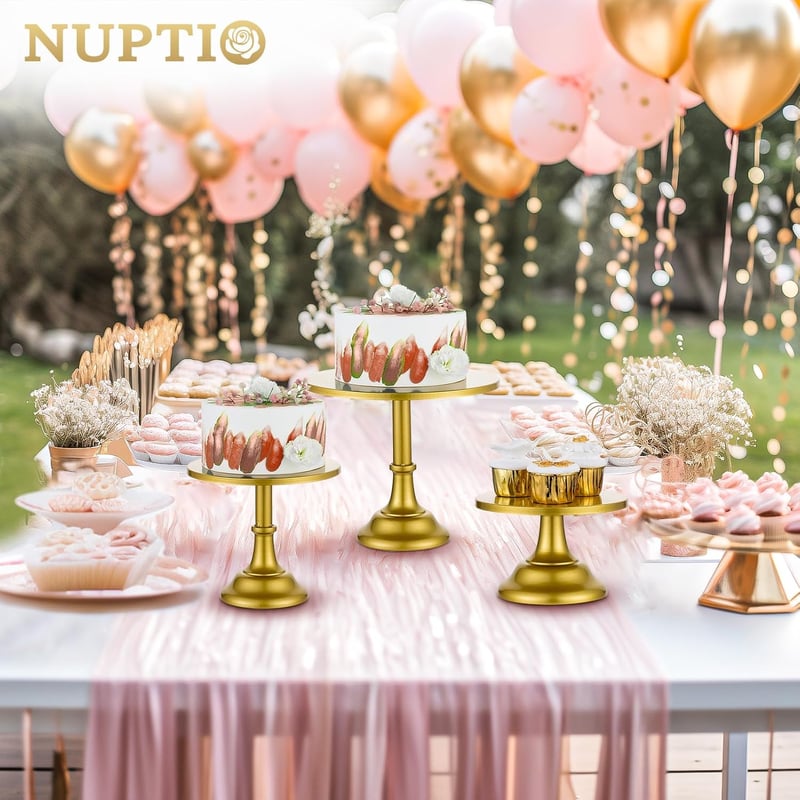 NUPTIO 3 Részes Kerek Fém Tortaállvány Szett - Arany Színű Sütemény és Desszert Tartó, Többfunkciós Kínáló, 20-30 cm