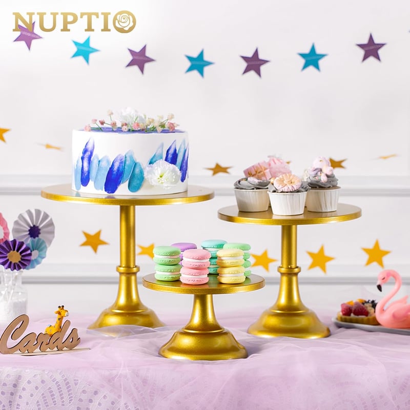 NUPTIO 3 Részes Kerek Fém Tortaállvány Szett - Arany Színű Sütemény és Desszert Tartó, Többfunkciós Kínáló, 20-30 cm
