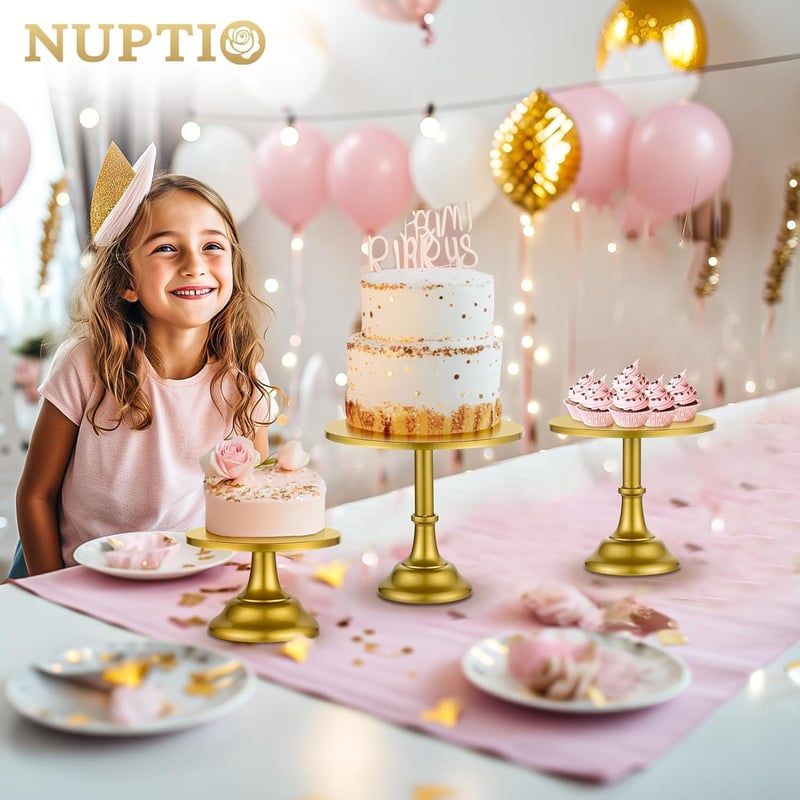 NUPTIO 3 Részes Kerek Fém Tortaállvány Szett - Arany Színű Sütemény és Desszert Tartó, Többfunkciós Kínáló, 20-30 cm