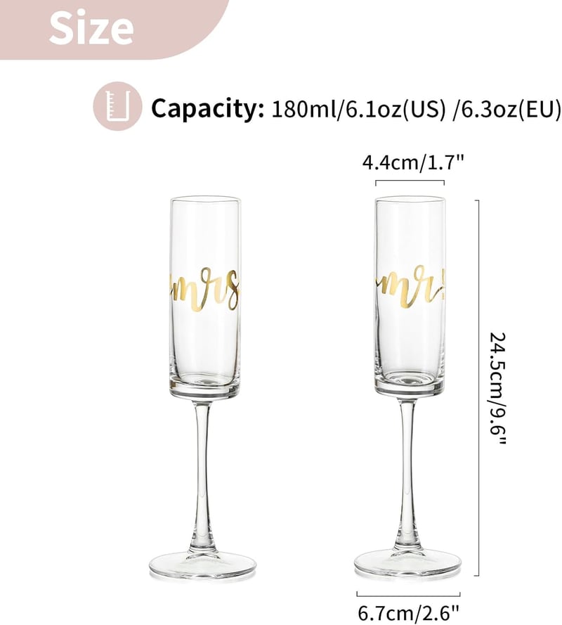 NUPTIO Arany Pezsgőspohár Szett Mr & Mrs Felirattal - 2 db Elegáns Gravírozott Üvegpohár Esküvőre, Évfordulóra, Eljegyzésre