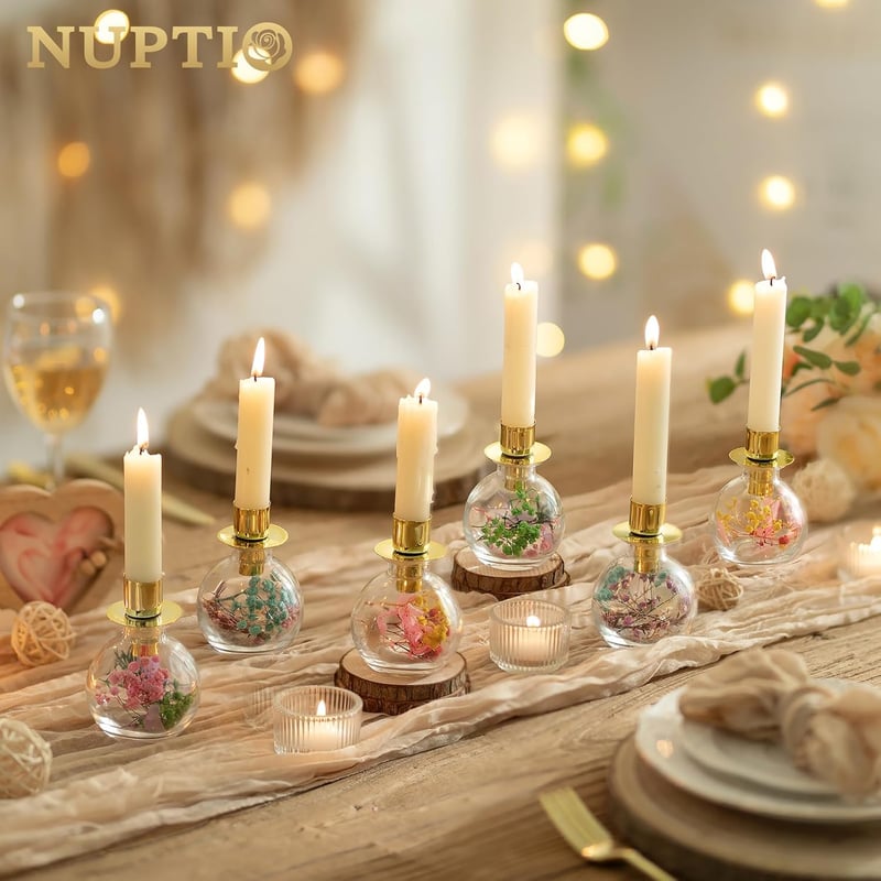 NUPTIO arany üveg gyertyatartó szárított virágokkal, adventi koszorú, asztali dekoráció