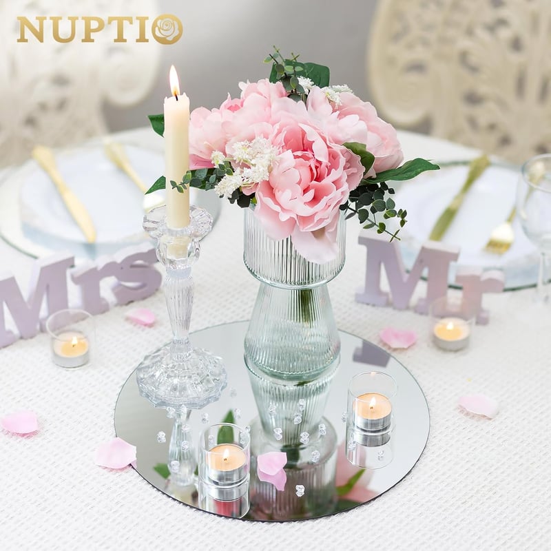NUPTIO Kerek Tükör Üvegtálca - 12 db 30 cm-es Tükrös Alátét Gyertyákhoz, Esküvői Asztaldíszekhez, Lakásdekorációhoz