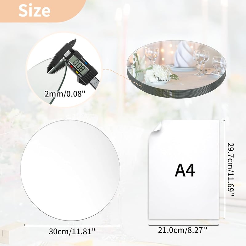 NUPTIO Kerek Tükör Üvegtálca - 12 db 30 cm-es Tükrös Alátét Gyertyákhoz, Esküvői Asztaldíszekhez, Lakásdekorációhoz