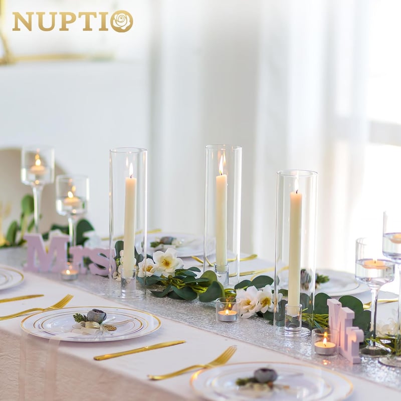 NUPTIO üveg gyertyatartó szett 6 db taper gyertya dekoráció esküvő party asztal