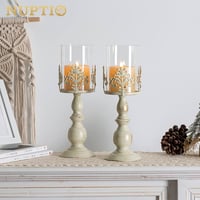 Nuptio Vintage Gyertyatartó Üvegbúrával - Antik Fém Asztali Dekoráció Esküvőre, Rendezvényekre - 33 cm Magas Krém Színű Gyertyatartó Szett ( 2