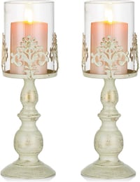 Nuptio Vintage Gyertyatartó Üvegbúrával - Antik Fém Asztali Dekoráció Esküvőre, Rendezvényekre - 33 cm Magas Krém Színű Gyertyatartó Szett ( 1