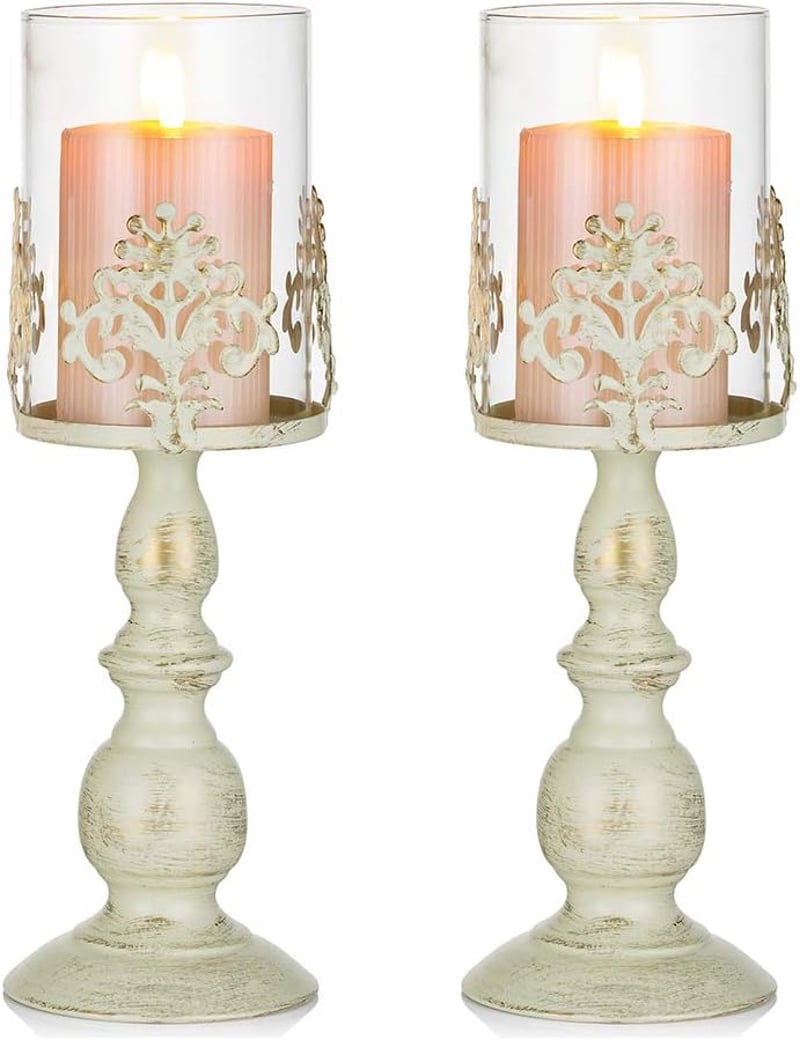 Nuptio Vintage Gyertyatartó Üvegbúrával - Antik Fém Asztali Dekoráció Esküvőre, Rendezvényekre - 33 cm Magas Krém Színű Gyertyatartó Szett (
