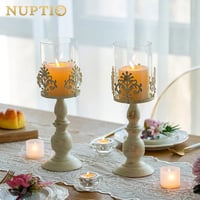 Nuptio Vintage Gyertyatartó Üvegbúrával - Antik Fém Asztali Dekoráció Esküvőre, Rendezvényekre - 33 cm Magas Krém Színű Gyertyatartó Szett ( 6