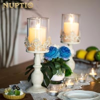 Nuptio Vintage Gyertyatartó Üvegbúrával - Antik Fém Asztali Dekoráció Esküvőre, Rendezvényekre - 33 cm Magas Krém Színű Gyertyatartó Szett ( 8