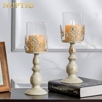 Nuptio Vintage Gyertyatartó Üvegbúrával - Antik Fém Asztali Dekoráció Esküvőre, Rendezvényekre - 33 cm Magas Krém Színű Gyertyatartó Szett ( 7