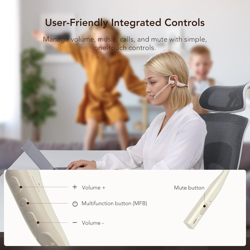 Nuroum OW20B Beige Open Ear Bluetooth fejhallgató zajcsökkentő mikrofonnal, némító kapcsoló, Bluetooth 5.3 dual csatlakozás, 15 óra, irodába