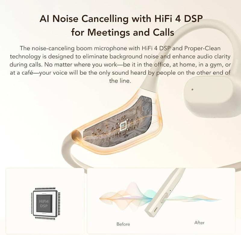 Nuroum OW20B Beige Open Ear Bluetooth fejhallgató zajcsökkentő mikrofonnal, némító kapcsoló, Bluetooth 5.3 dual csatlakozás, 15 óra, irodába