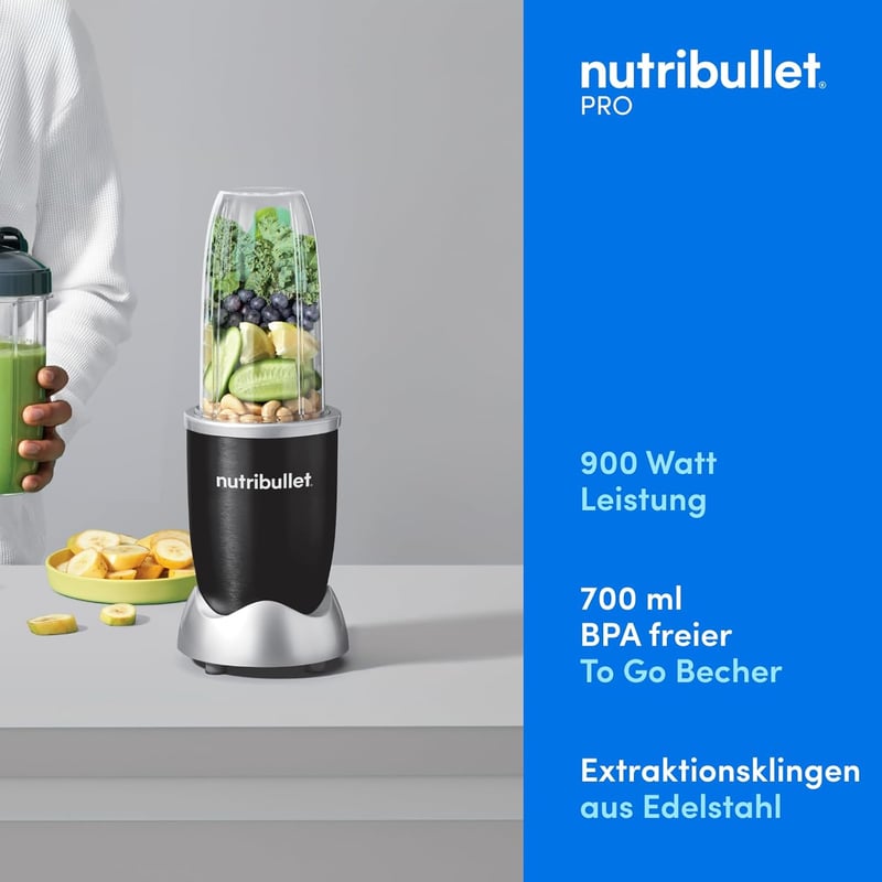 NutriBullet Pro 900W Turmixgép Fekete - Gyors Smoothie Készítő 700ml Pohárral