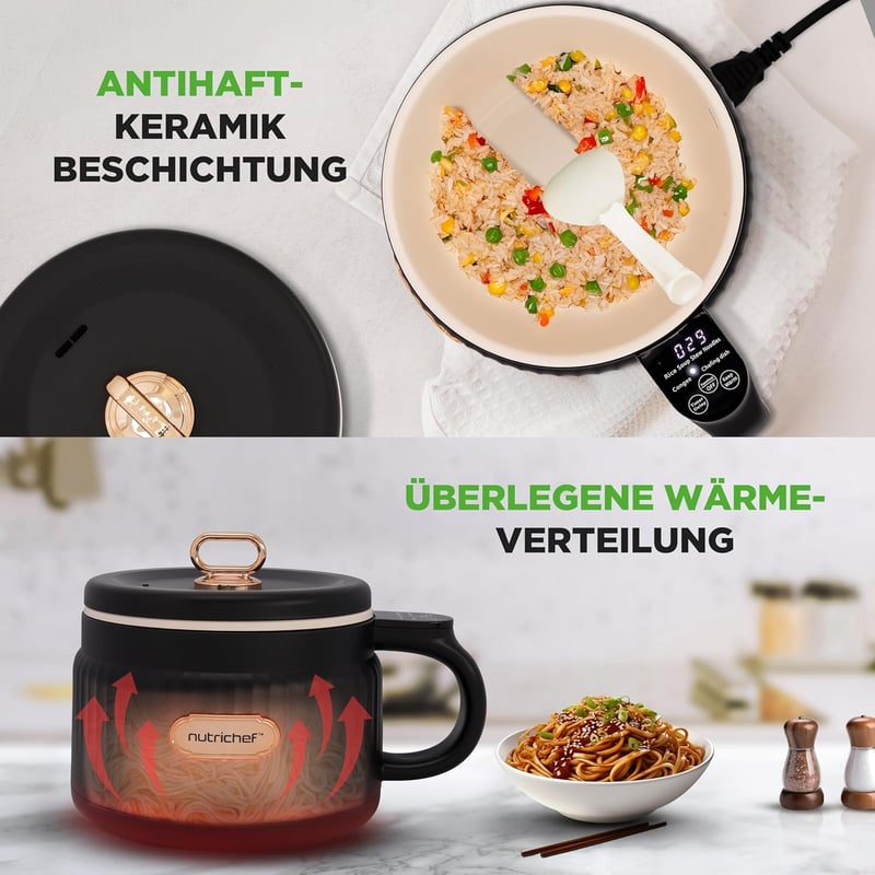 NutriChef 1.6L Hordozható Elektromos Rizsfőző & Ebédkészítő 6 Funkcióval Fekete
