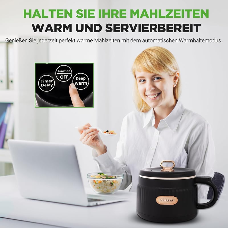 NutriChef 1.6L Hordozható Elektromos Rizsfőző & Ebédkészítő 6 Funkcióval Fekete