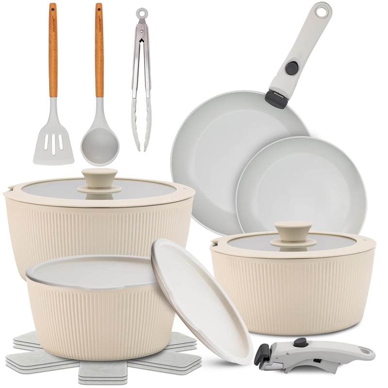 Set de vase ceramică NutriChef 18 piese, crem, cu mâner detașabil, inducție, antiaderent, stivuibil, rezistent la cuptor, pentru toate tipurile de plită