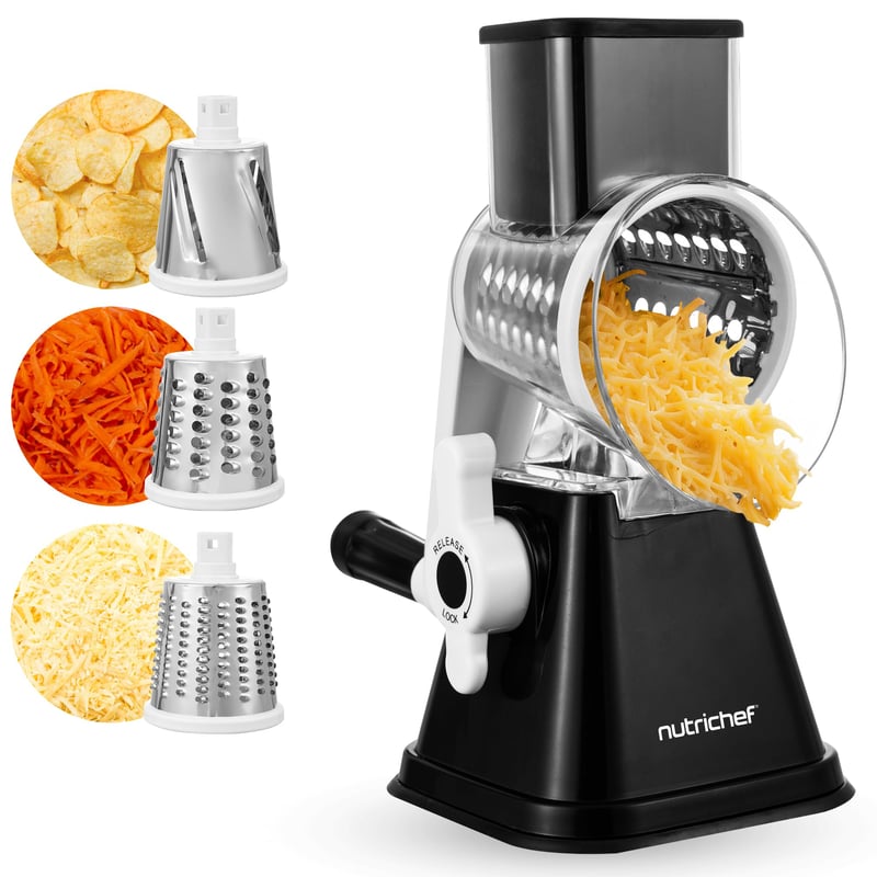 NutriChef 3 v 1 strúhadlo s kľukou – strúhadlo na zeleninu a syr, 3 bubny (jemný, stredný, plátkovací), so silnou prísavkou, čierne