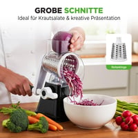 NutriChef 3 v 1 strúhadlo s kľukou – strúhadlo na zeleninu a syr, 3 bubny (jemný, stredný, plátkovací), so silnou prísavkou, čierne 5