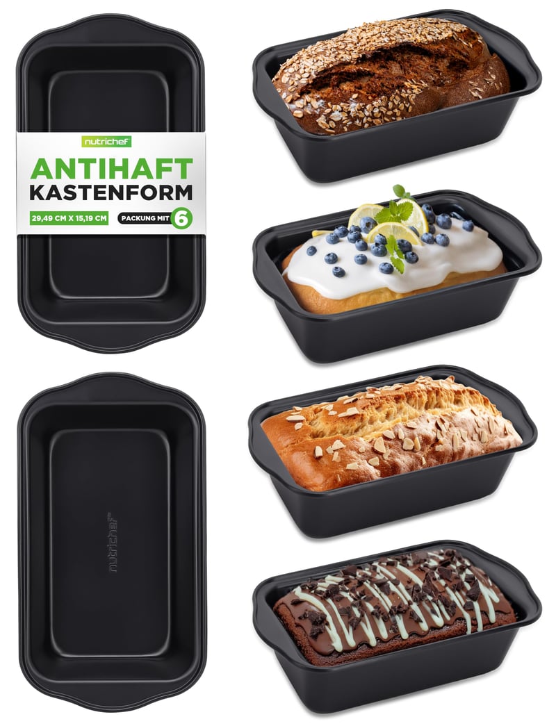 Sada 6 kusov foriem na pečenie chleba NutriChef – Prémiová súprava foriem z uhlíkovej ocele s nepriľnavým povrchom, 30,5x16x8,6 cm, vhodné do rúry do 230 °C, bez PFOA