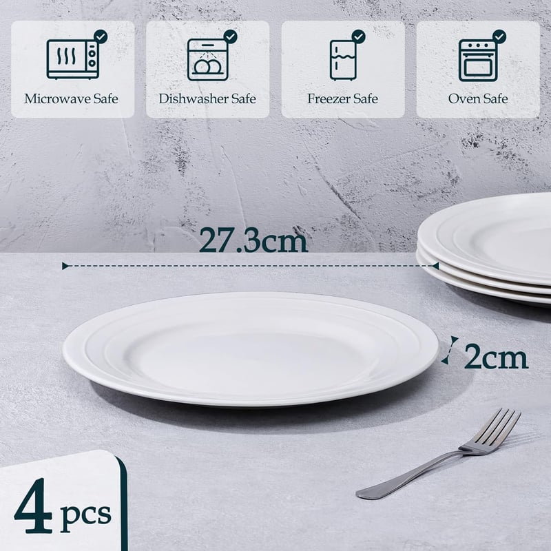 NUTRIUPS 27cm Fehér Kerámia Tányér Szett 4 Személyre, Jantar és Pasta Tányér