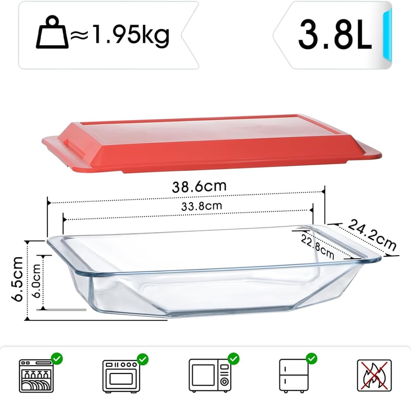 NUTRIUPS 3.8L Lasagne Sütőtál Boroszilikát Üveggel, Fedővel, 38,6x24,2cm