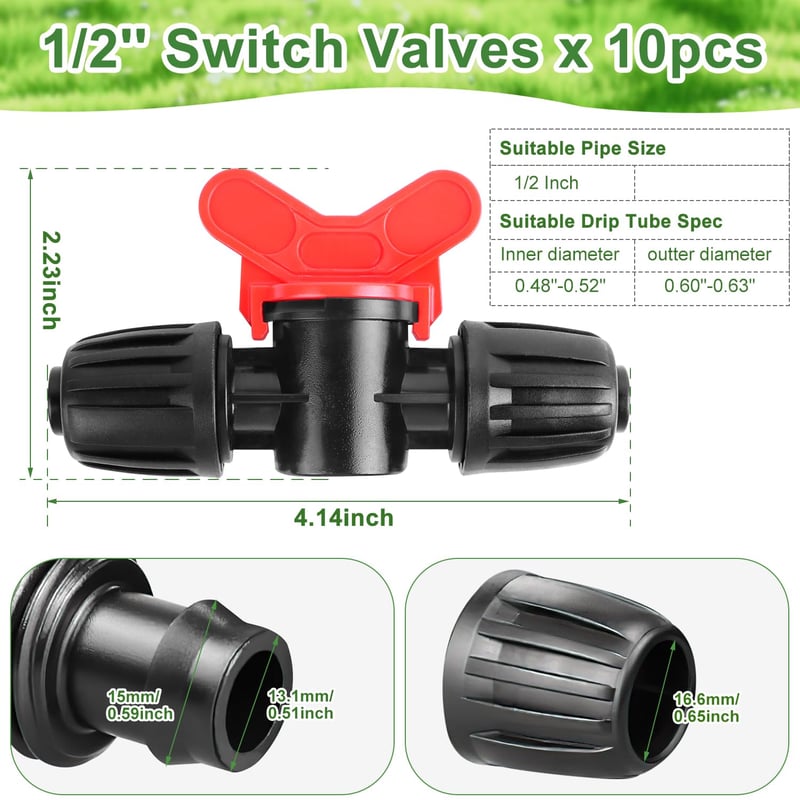 Nuyoah 1/2" Csepegtetőrendszer Zárócsap 10db 13-16mm Csepegtetőcsörhöz Golyóscsap Vízsugár Szabályozó